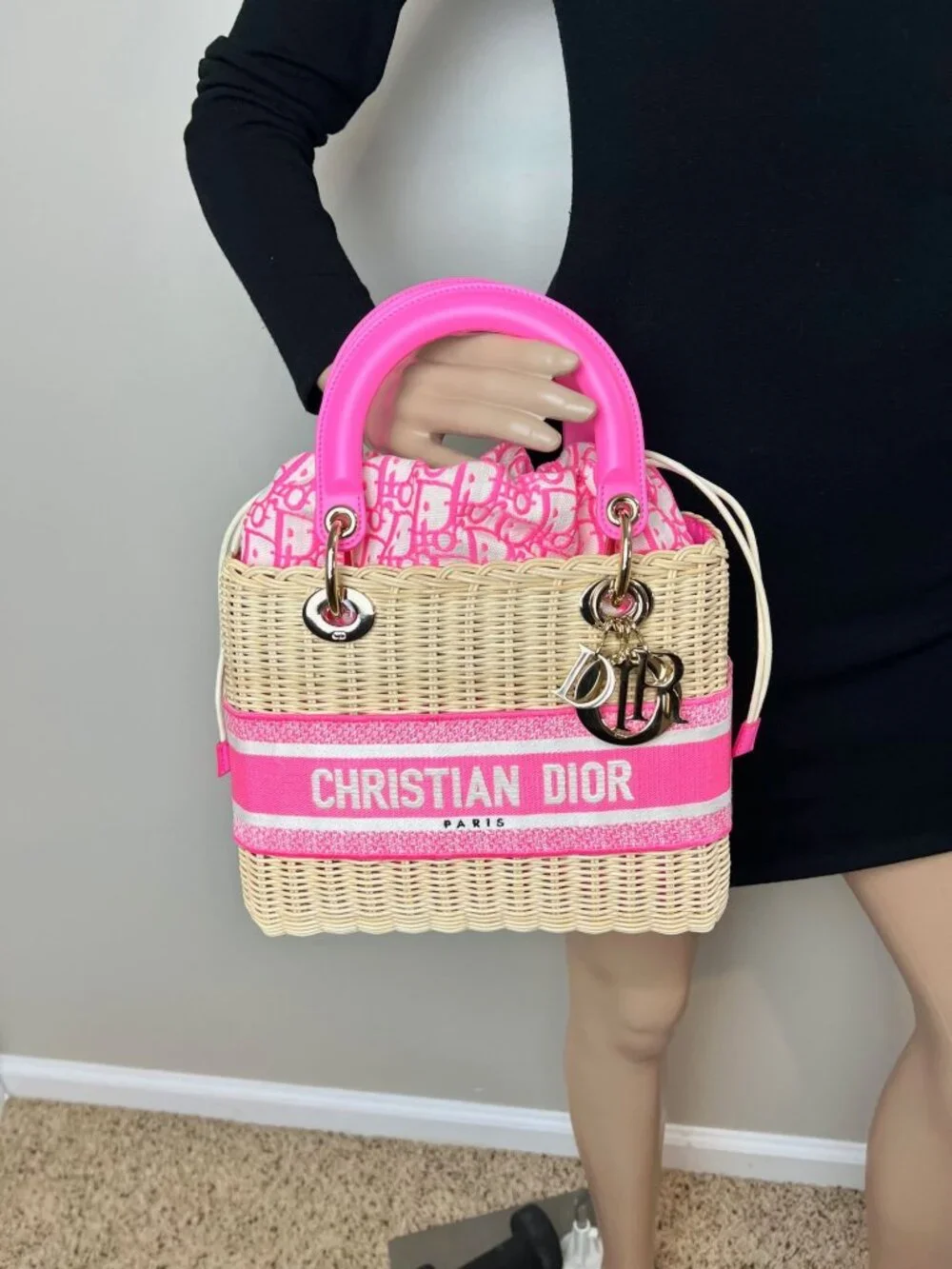 Christian Wicker Oblique Fluorescent Pink Medium Lady Bag